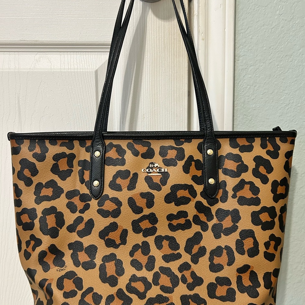 Coach Tan and Black Leopard Print Tote